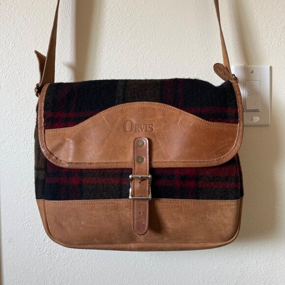 Vintage ORVIS Red Plaid Wool & Brown Leather Men's Crossbody Messenger Bag - Picture 1 of 12